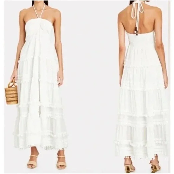 INTERMIX BEACHCLUB Lydia Halter Pompom Organic Cotton Maxi Dress Size L NWOT - Picture 1 of 10